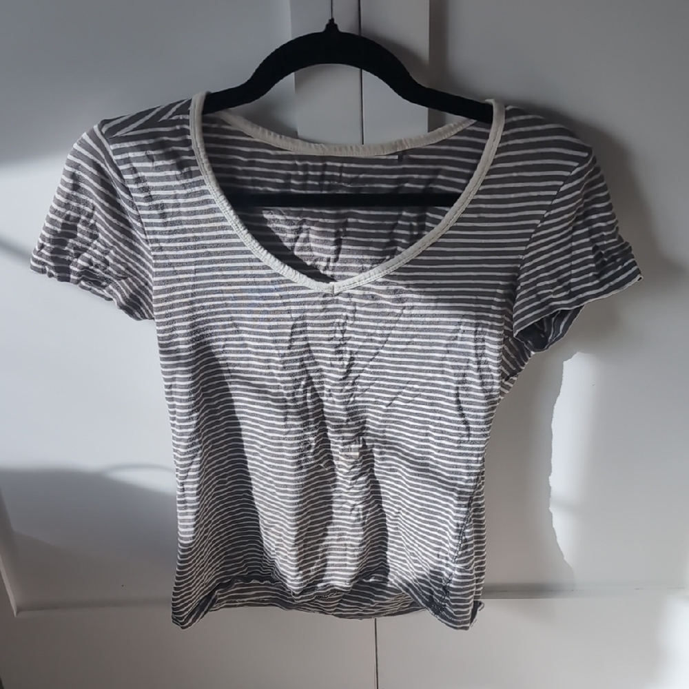Toad&Co Charcoal and White Striped Short Sleeve Tee